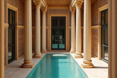 Ein römisch inspiriertes Caldarium mit warmem Pool und dekorativen Säulen, umgeben von Mosaikfliesen.