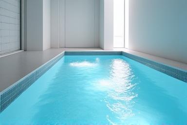 Ein kleines, klares Kaltwasserbecken (Frigidarium) in einem modernen, minimalistischen Raum, mit aufsteigendem Nebel für eine erfrischende Wirkung.