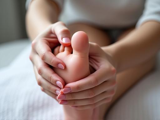 Eine Detailaufnahme der Hände eines Masseurs, der die Fußreflexzonen eines Klienten massiert, um das Wohlbefinden zu fördern.