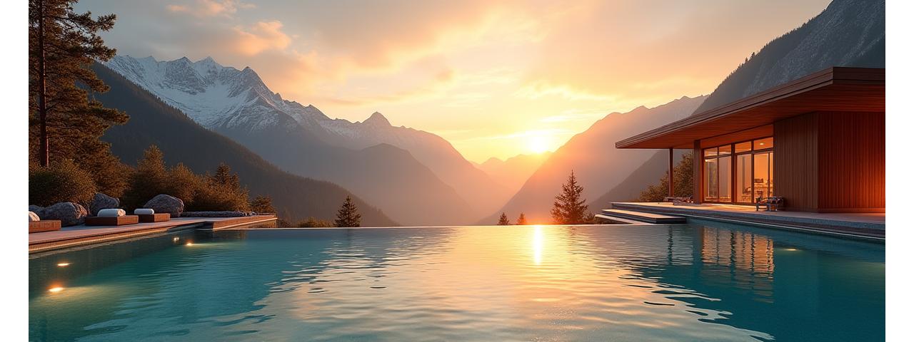 Panoramabild einer atemberaubenden alpinen Badelandschaft im Alpensauna & Badewelt bei Sonnenuntergang, mit ruhigem Wasser und eleganter Architektur.