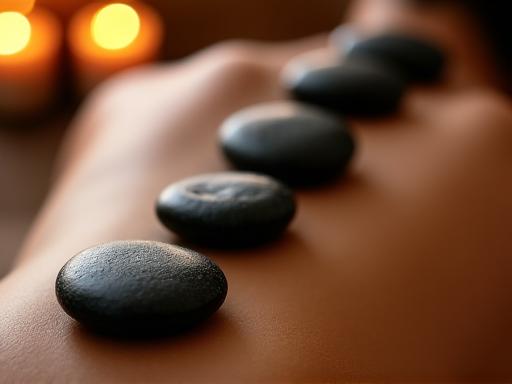 Warme, glatte Steine liegen auf dem Rücken einer Person während einer Hot-Stone-Massage, umgeben von einer entspannenden Atmosphäre.