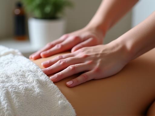 Hände, die eine klassische Rückenmassage mit ätherischen Ölen an einem ruhigen Ort durchführen.