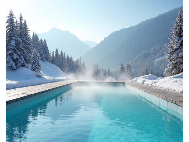 Aussenpool mit Blick auf eine winterliche Alpenlandschaft