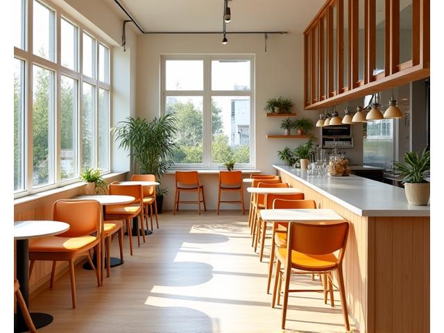 Modernes und helles Café-Interieur mit Holztischen und gesunden Speisen
