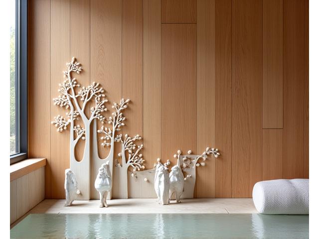 Architektonisches Detail: Eine filigrane Holzskulptur im Wellnessbereich
