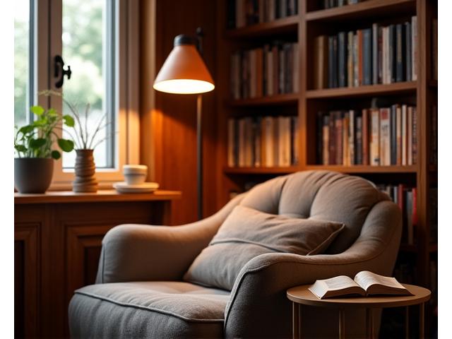 Gemütliche Leseecke mit Büchern und einem bequemen Sessel in einer ruhigen Zone