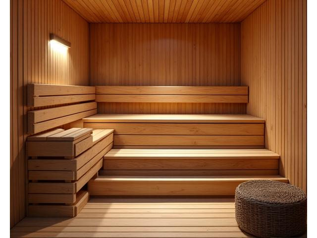 Innenansicht einer geräumigen finnischen Sauna mit Holzvertäfelung und heissen Steinen