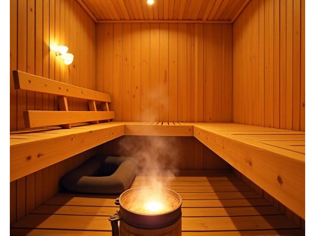 Einladender Innenraum einer finnischen Sauna mit Holzbank und Ofen.