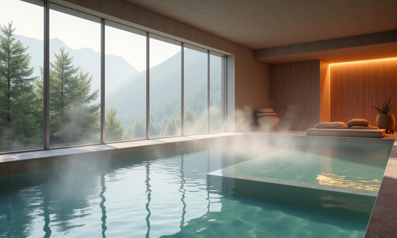 Serene alpine wellness spa with steam rising from pools and tranquil relaxation rooms.