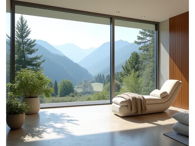 Ein ruhiger Spabereich mit Blick auf eine alpine Naturlandschaft